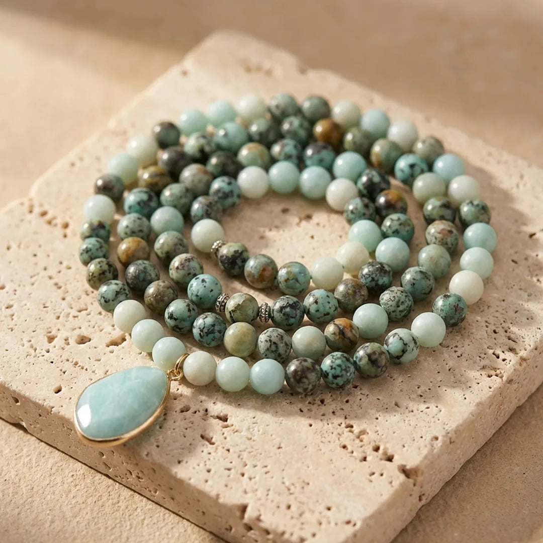 Collier Mala en Amazonite & Turquoise Africaine - Douce Libération