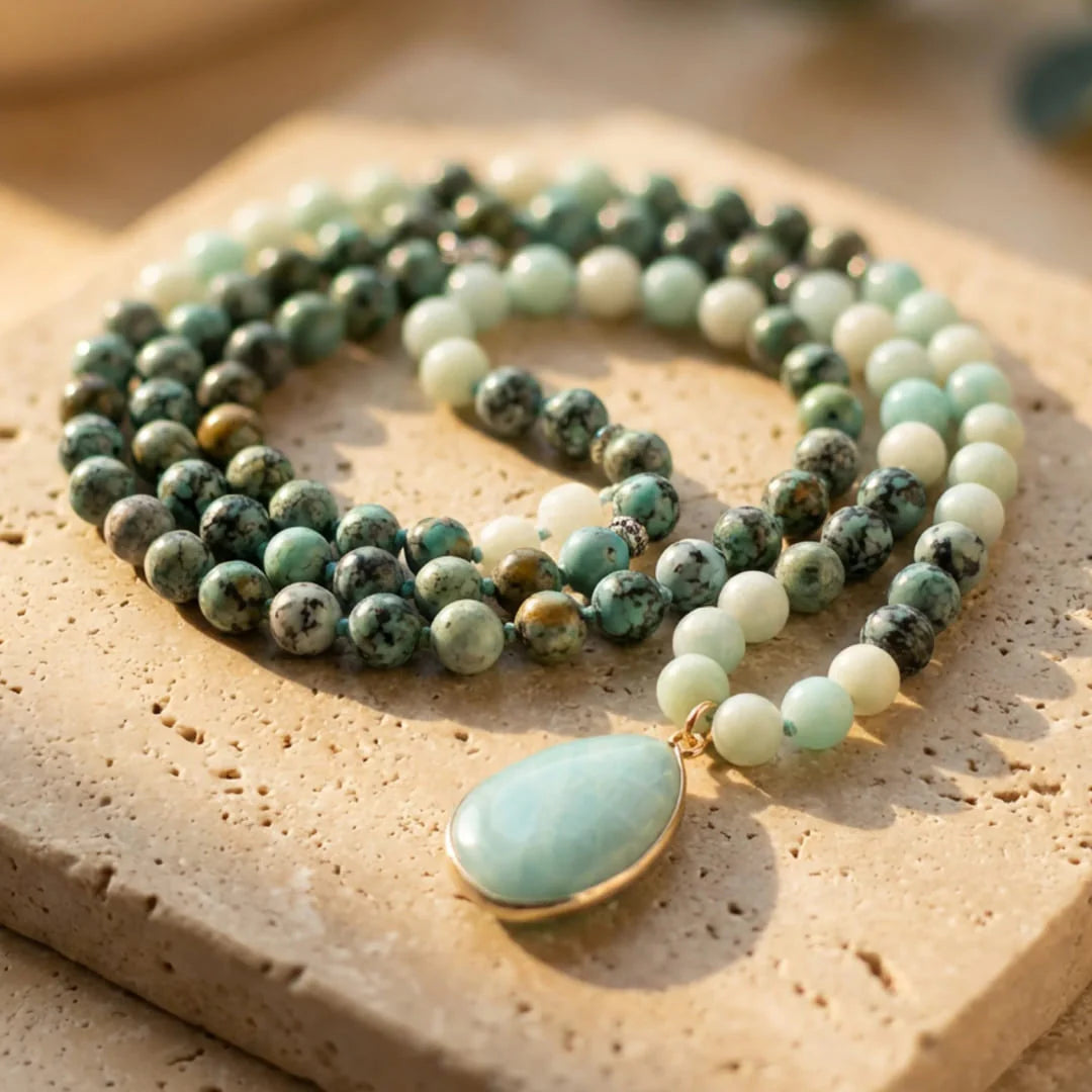 Collier Mala en Amazonite & Turquoise Africaine - Douce Libération