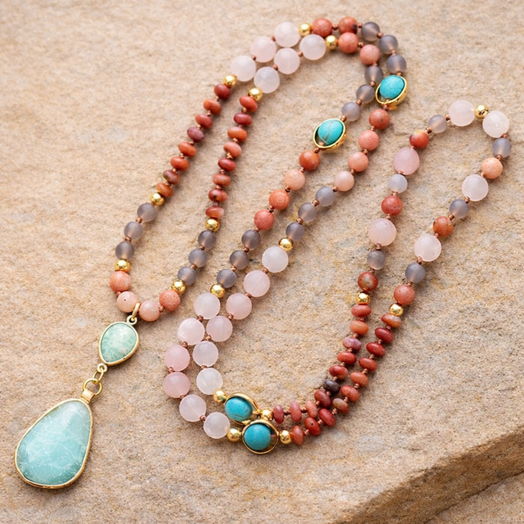 Collier Mala Ethnique en Turquoise, Amazonite, Quartz Rose & Rhodonite