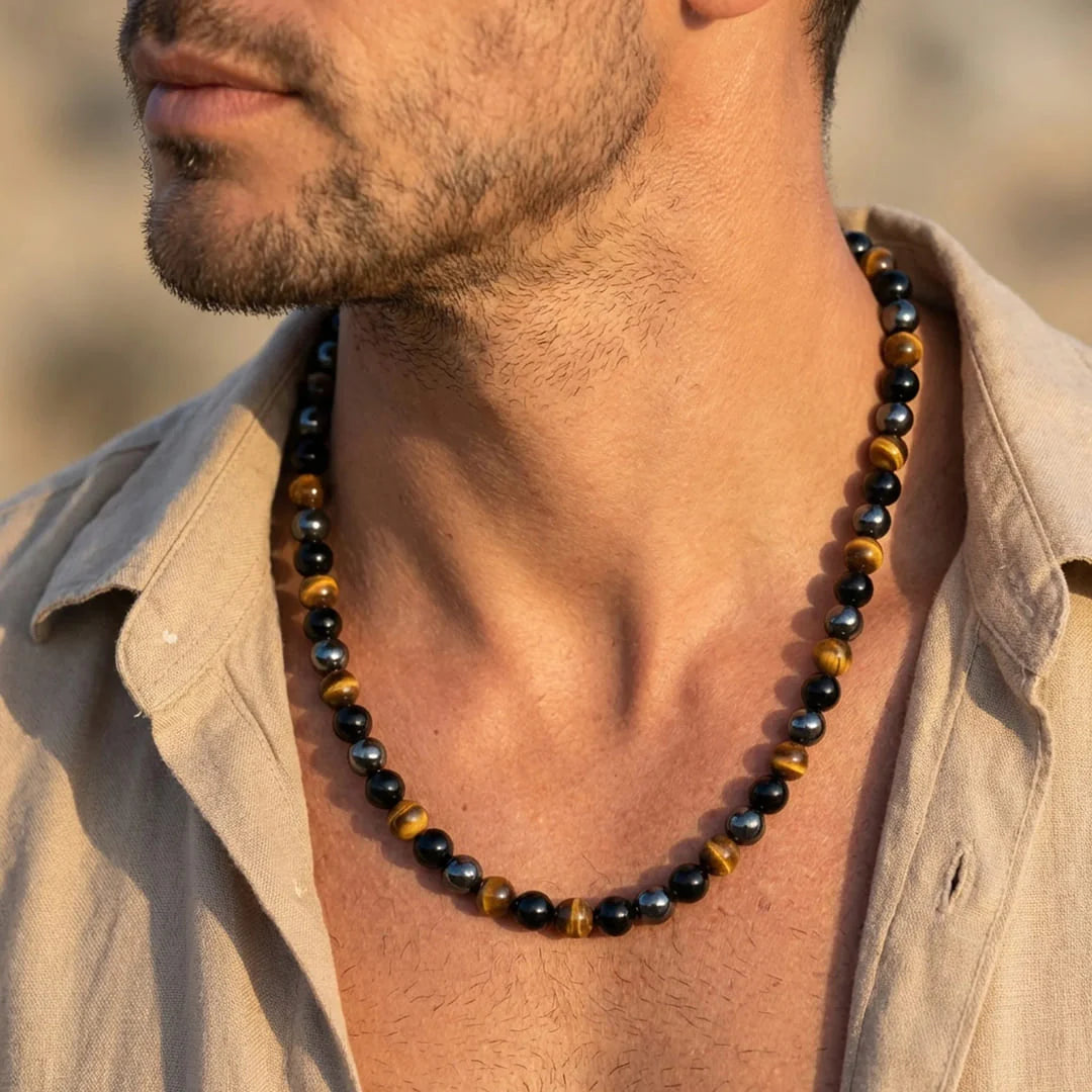 Collier en Hématite, Obsidienne & Oeil de Tigre -  Triple Protection