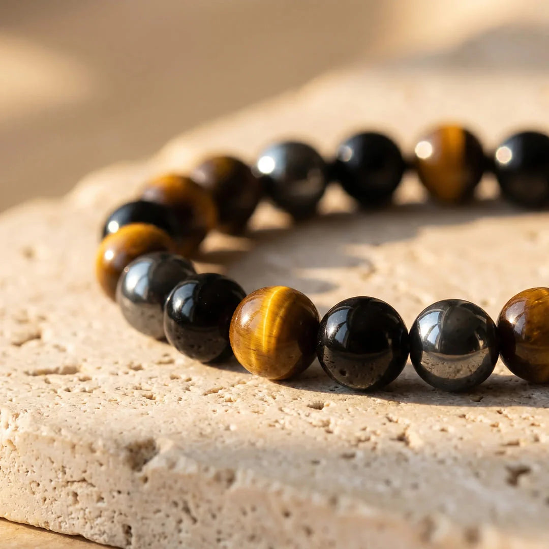 Bracelet en Oeil de Tigre, Hématite & Obsidienne Noire - Triple Protection