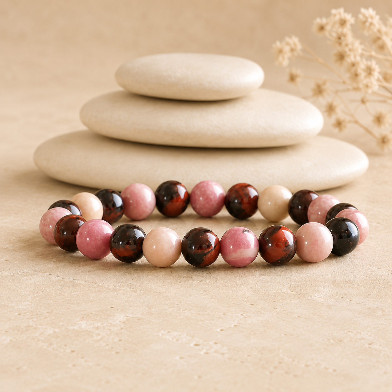 Bracelet en Rhodochrosite & Oeil de Tigre Rouge - Force du Cœur