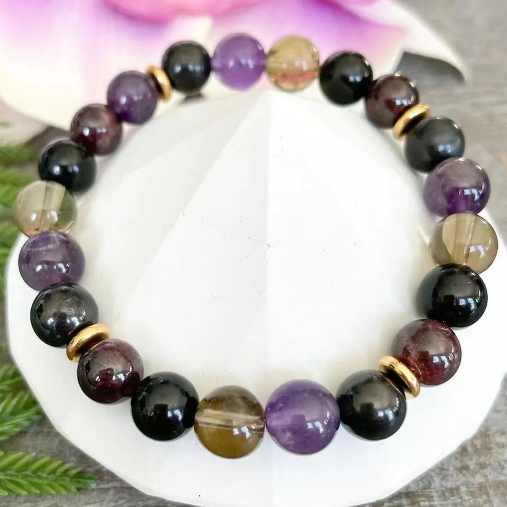 Bracelet "Equilibre & Protection" en Shungite, Quartz Fumé, Améthyste & Grenat