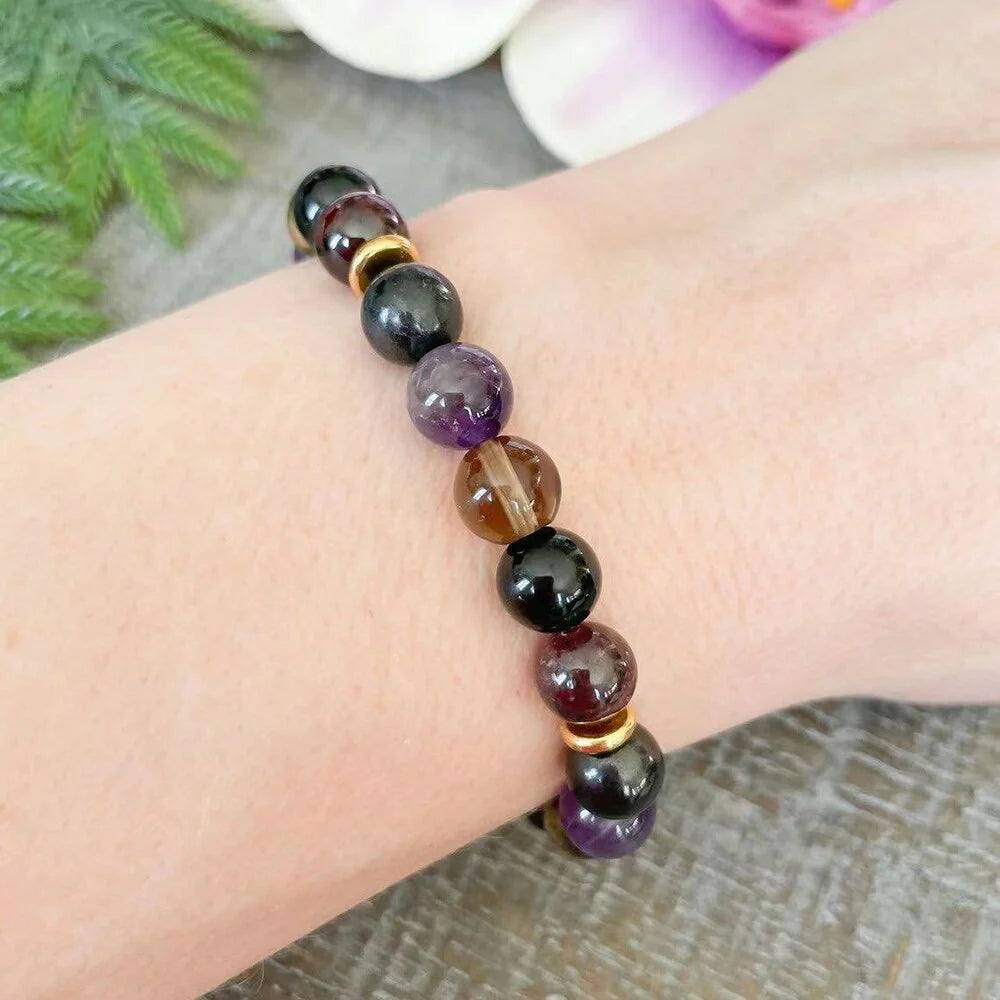 Bracelet "Equilibre & Protection" en Shungite, Quartz Fumé, Améthyste & Grenat