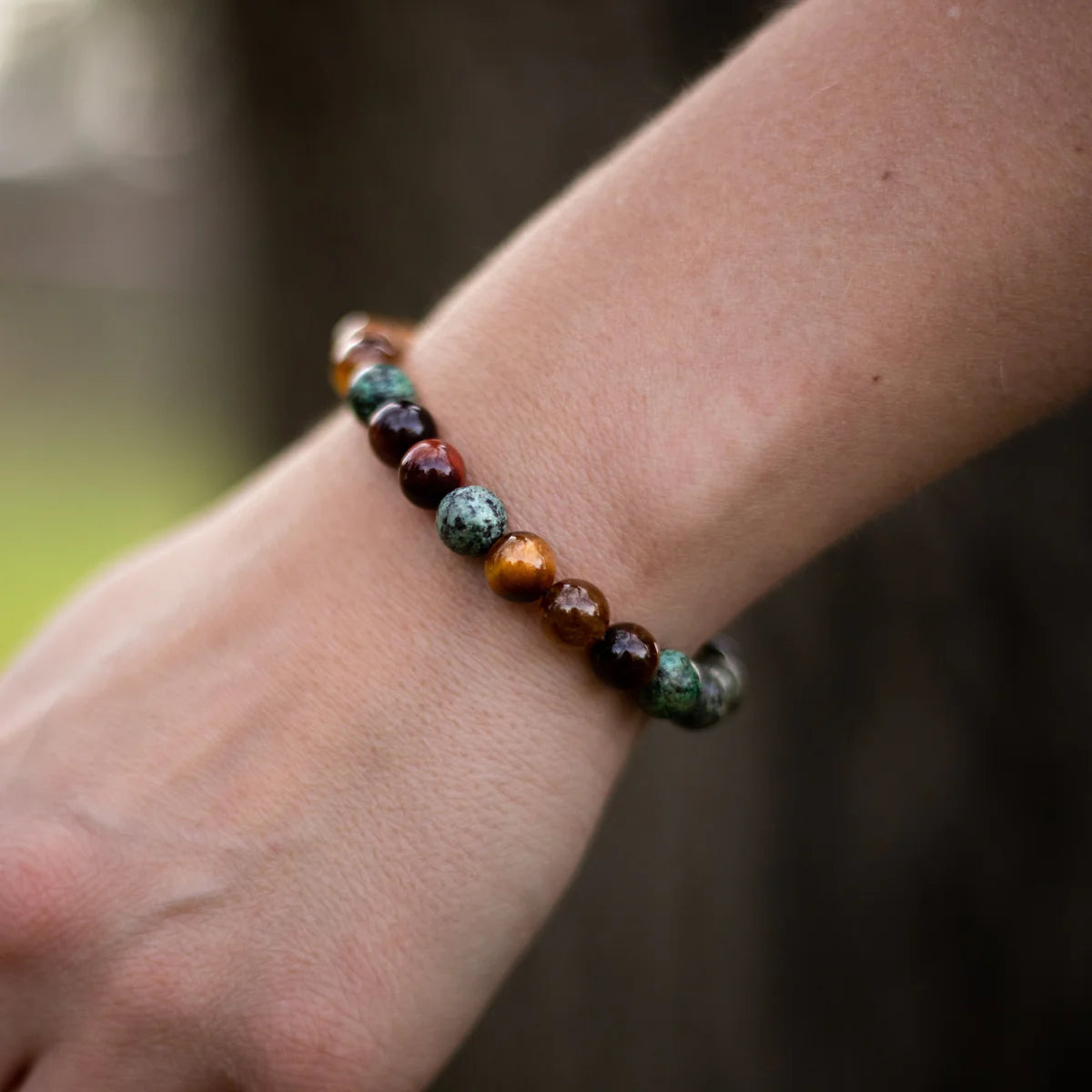 Bracelet "Bouclier d’Harmonie" en Oeil de Tigre, Oeil de Taureau & Turquoise Africaine