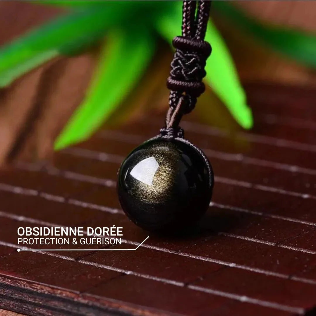 Collier Pendentif "Perle de Lumière" en Obsidienne Dorée