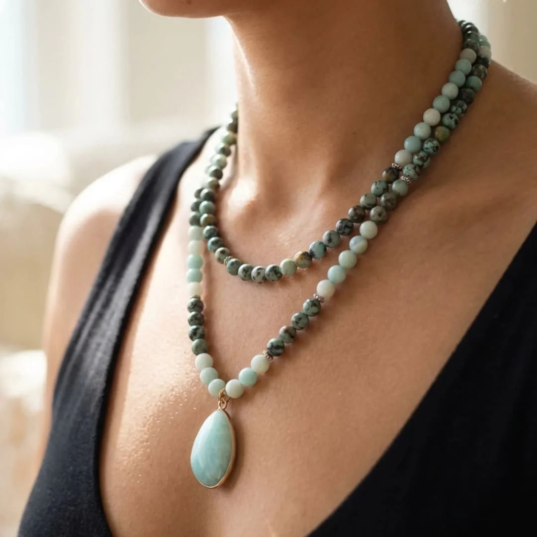 Collier Mala en Amazonite & Turquoise Africaine - Douce Libération