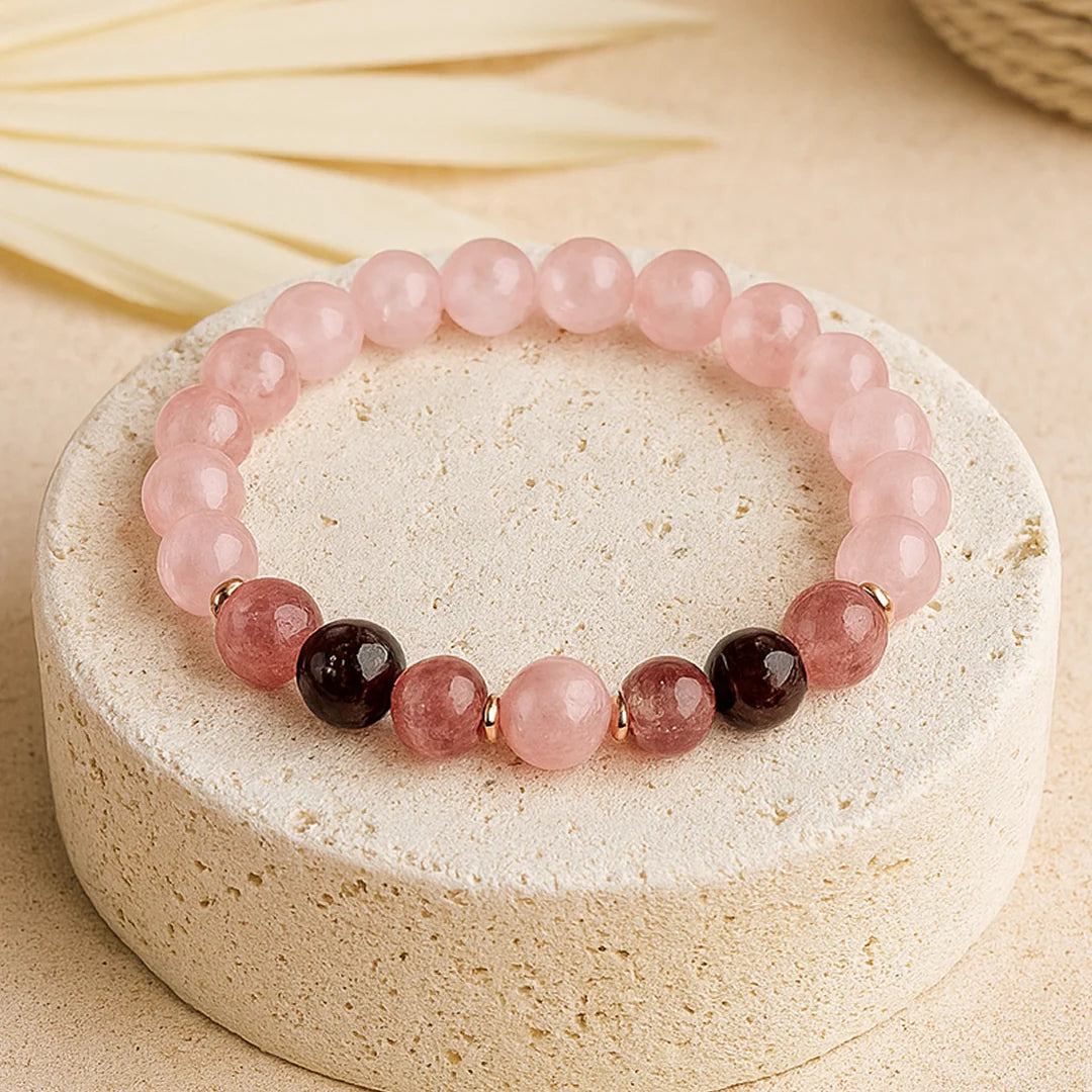 Bracelet "Promesse d'Amour" en Quartz Rose, Grenat & Quartz Fraise
