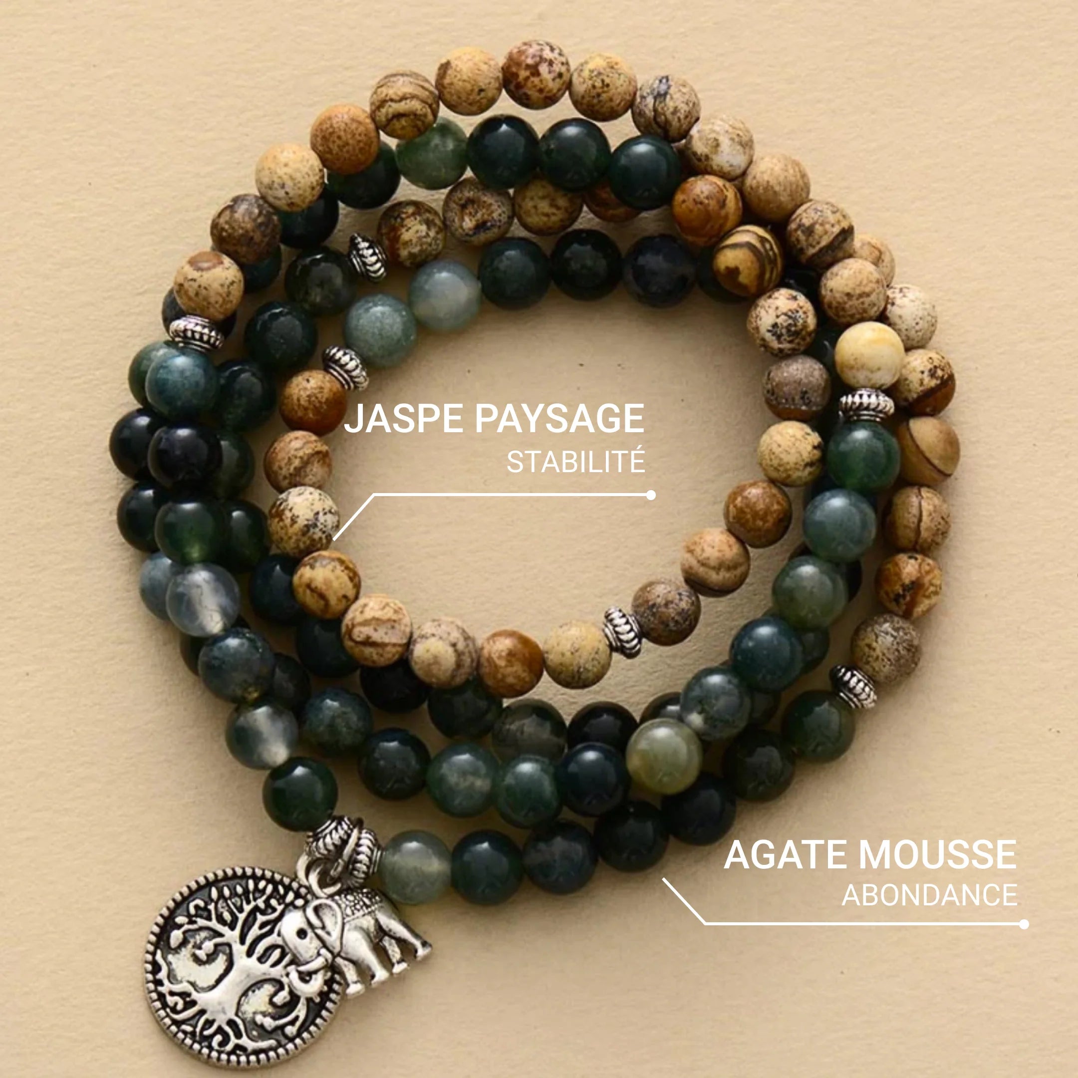 Bracelet Mala en Agate Mousse & Jaspe Paysage - Énergie Originelle