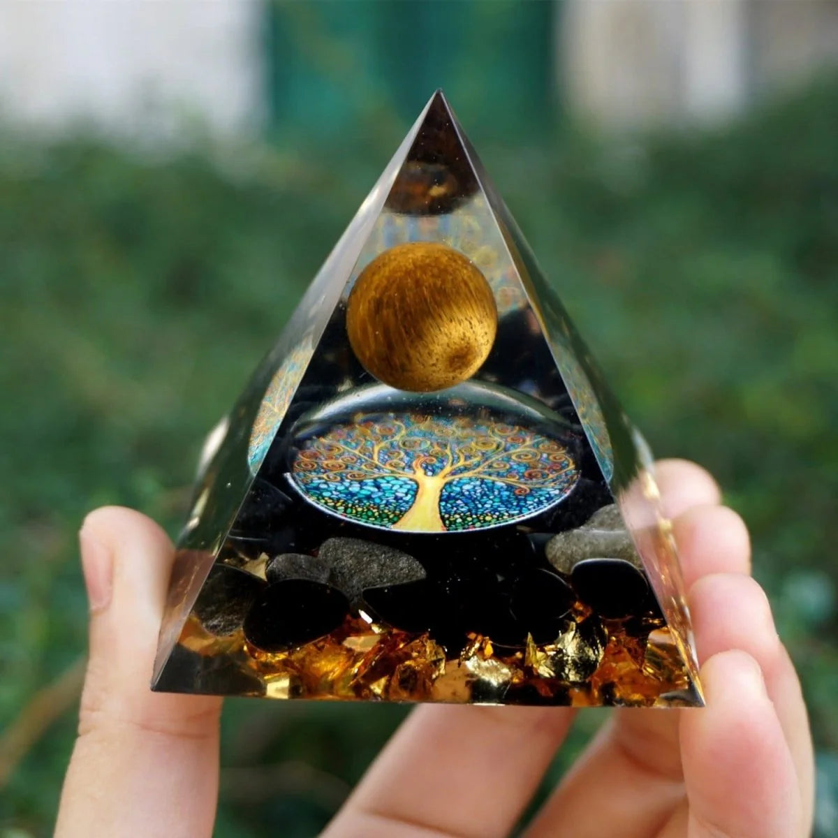 Orgonite en Oeil de Tigre & Obsidienne - Arbre de Vie Renaissant