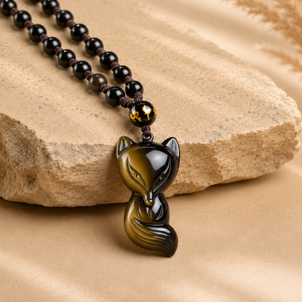 Pendentif en Obsidienne Dorée - Renard Malicieux