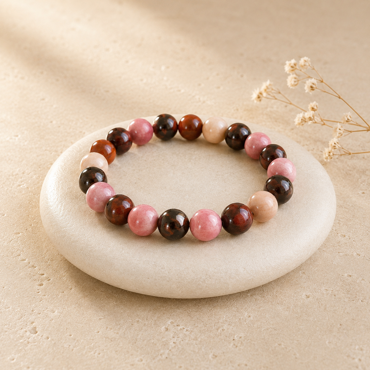 Bracelet en Rhodochrosite & Oeil de Tigre Rouge - Force du Cœur