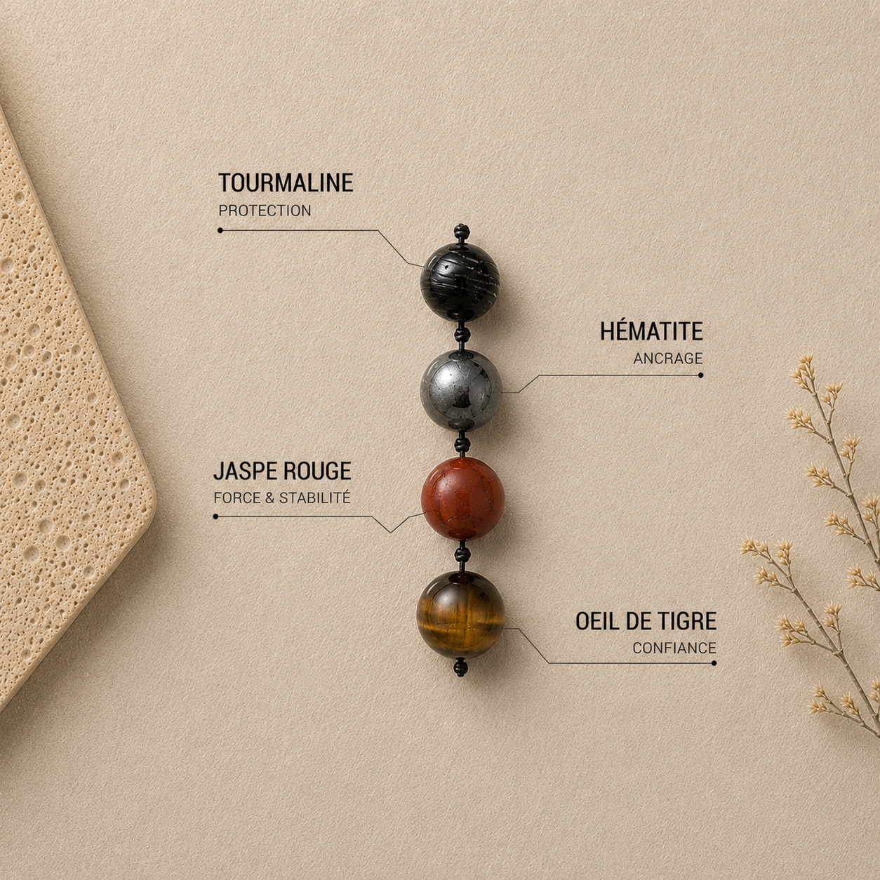 Bracelet en Jaspe Rouge, Tourmaline, Oeil de Tigre & Hématite - Bouclier de Gaïa