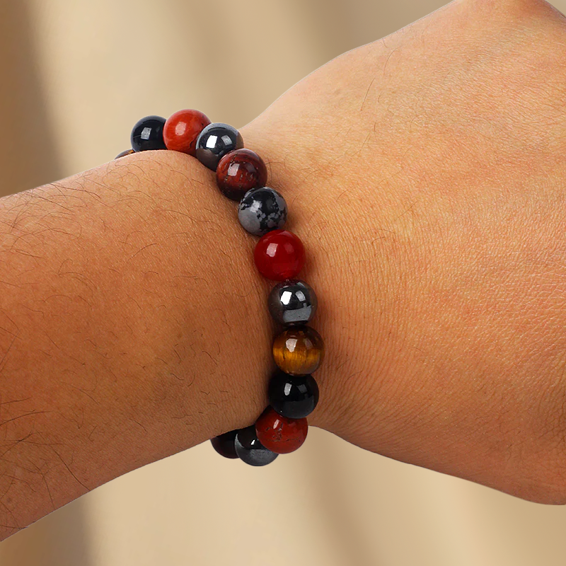 Bracelet "Bouclier de Gaïa" en Jaspe Rouge, Tourmaline, Oeil de Tigre & Hématite