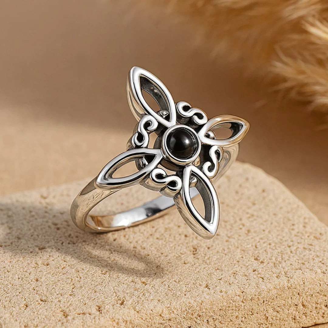 Bague Ajustable en Obsidienne & Argent - Noeud Sacré
